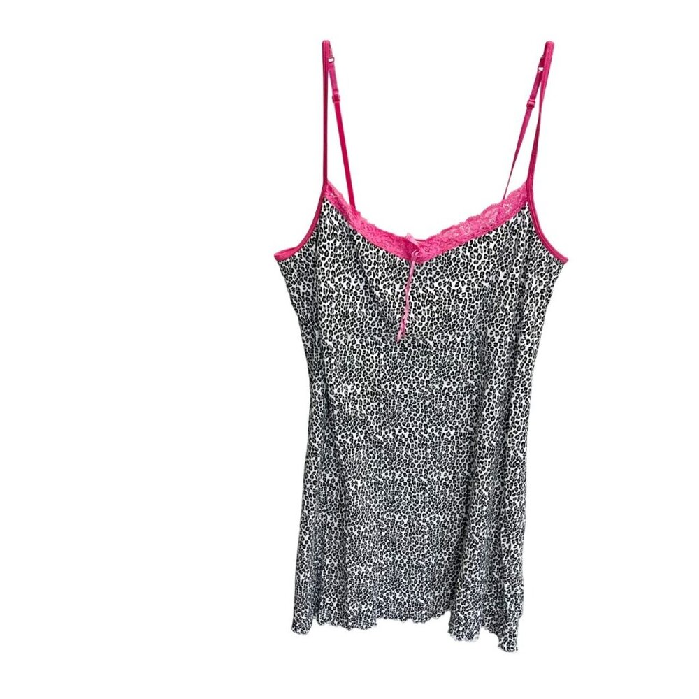 Vintage Black White & Pink Leopard Print Lace Trim‎ Slip Dress Y2K Bratz Size 1X